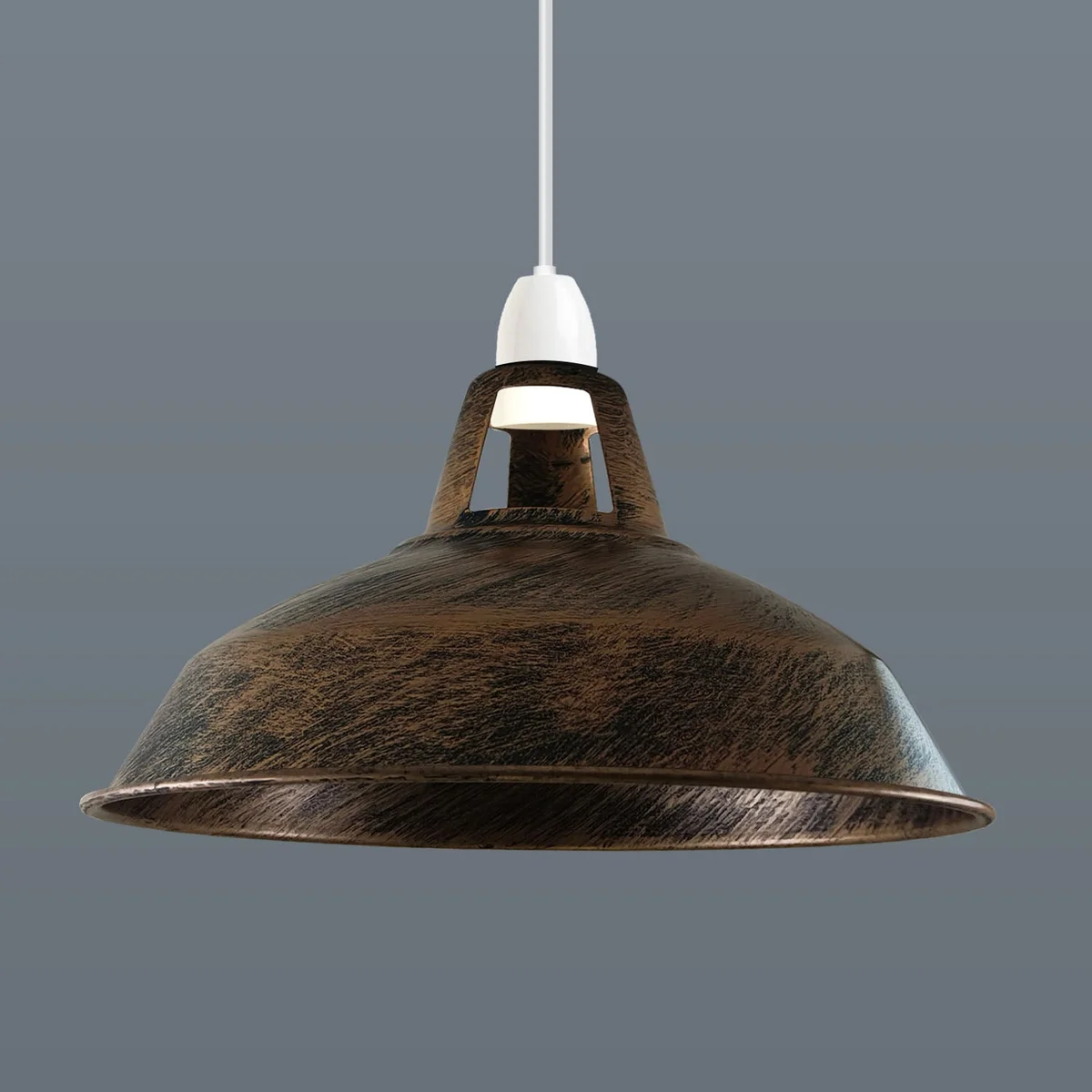 Brushed copper metal loft style ceiling light with industrial vintage pendant lampshade design against white background