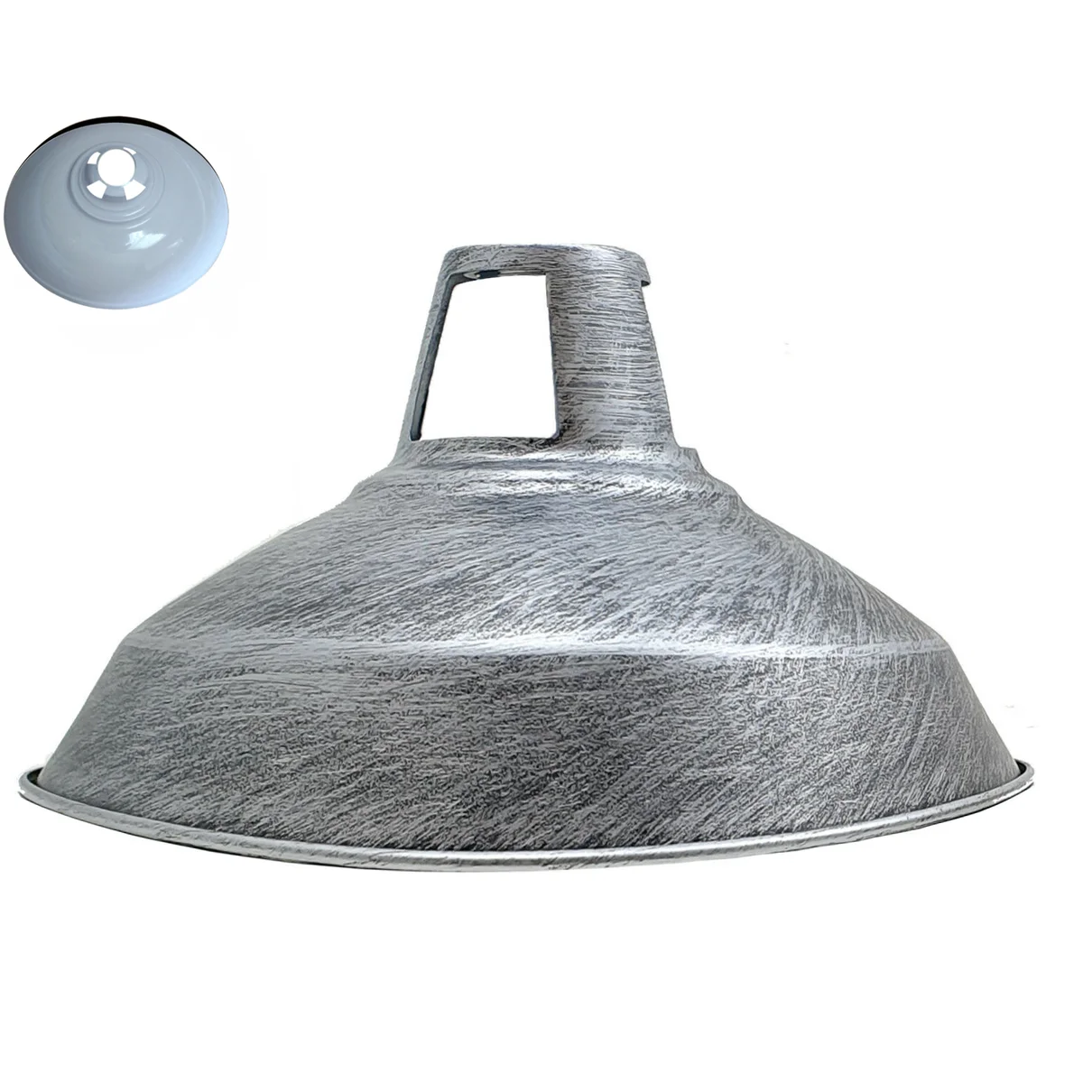 Brushed silver industrial pendant lampshade with barn-style metal dome design, 30cm diameter, E27 bulb fit