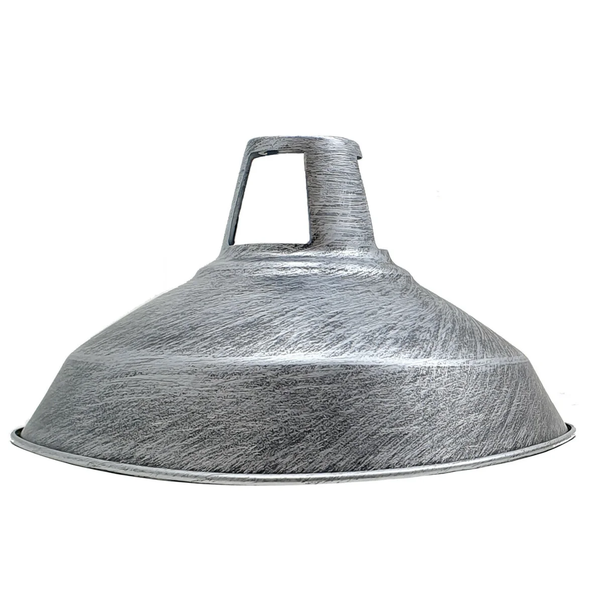 Brushed silver barn style pendant shade with industrial metal dome design, 30cm diameter, E27 bulb fit