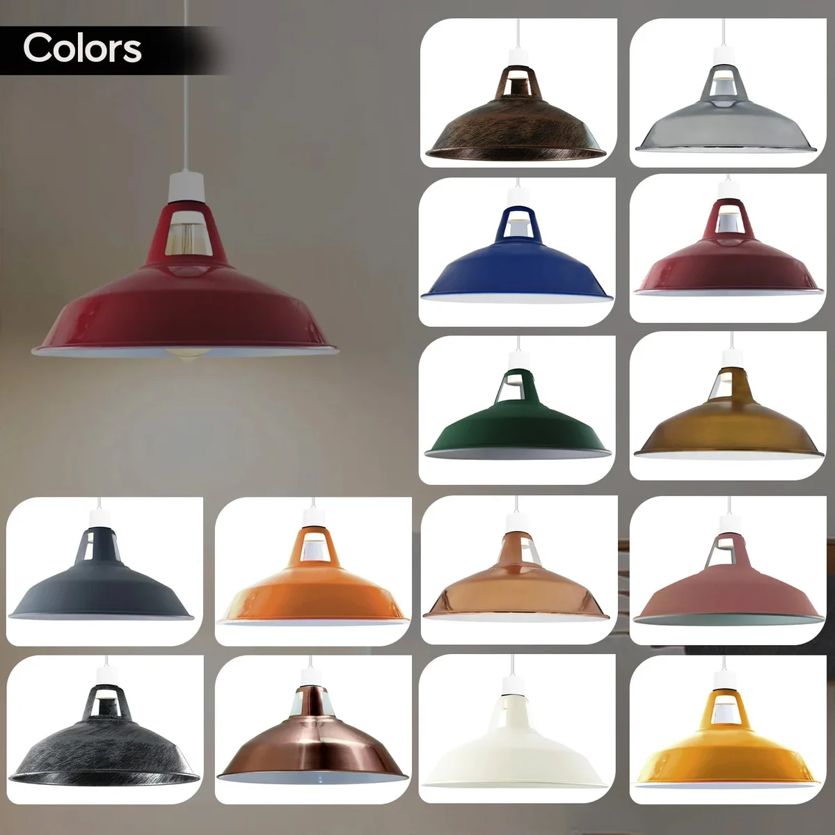 Brushed silver barn-style metal pendant lampshade showcasing vintage industrial lighting with E27 bulb fit