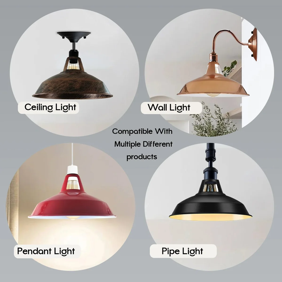 Brushed silver barn-style easy fit pendant shade with dome shape and E27 bulb compatibility, 30cm diameter metal lampshade
