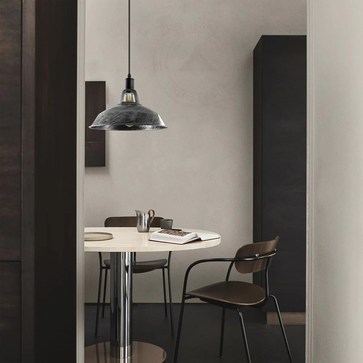 Brushed silver industrial pendant lampshade with barn-style metal dome, 30cm diameter, E27 bulb fit, modern vintage design