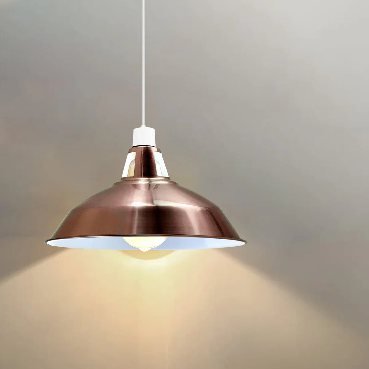 Vintage metal ceiling lampshade in barn shape with a 30cm width, painted metal finish, suitable for E27 bulbs