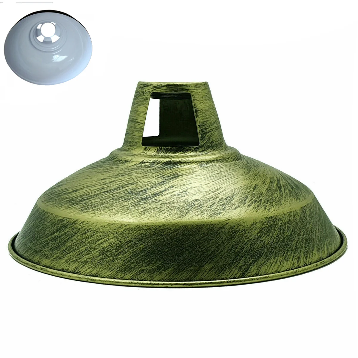 Brushed brass industrial pendant light with metal shade and concrete effect finish, vintage loft style ceiling lamp