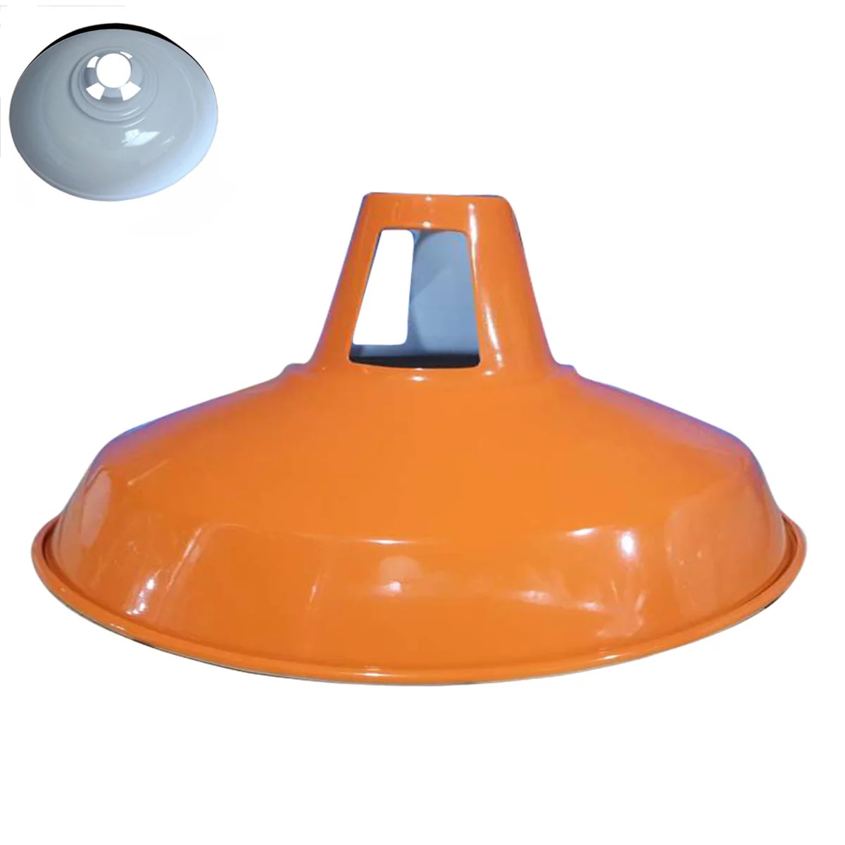 Orange slotted metal pendant ceiling lamp shade with barn-style retro industrial design and E27 bulb fitting