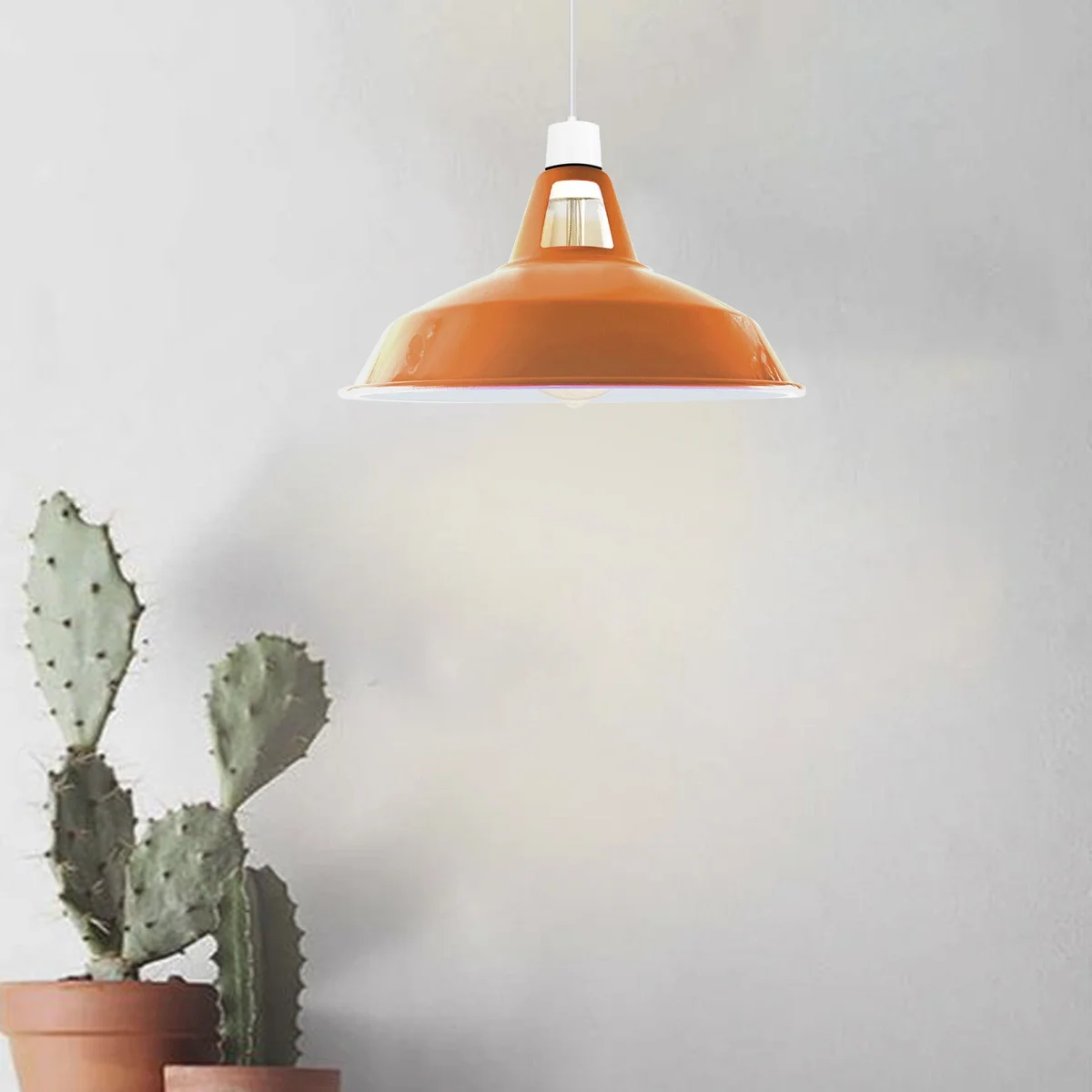 Orange pendant ceiling lamp with slotted barn-style metal shade in retro industrial design, 30cm diameter, E27 fit