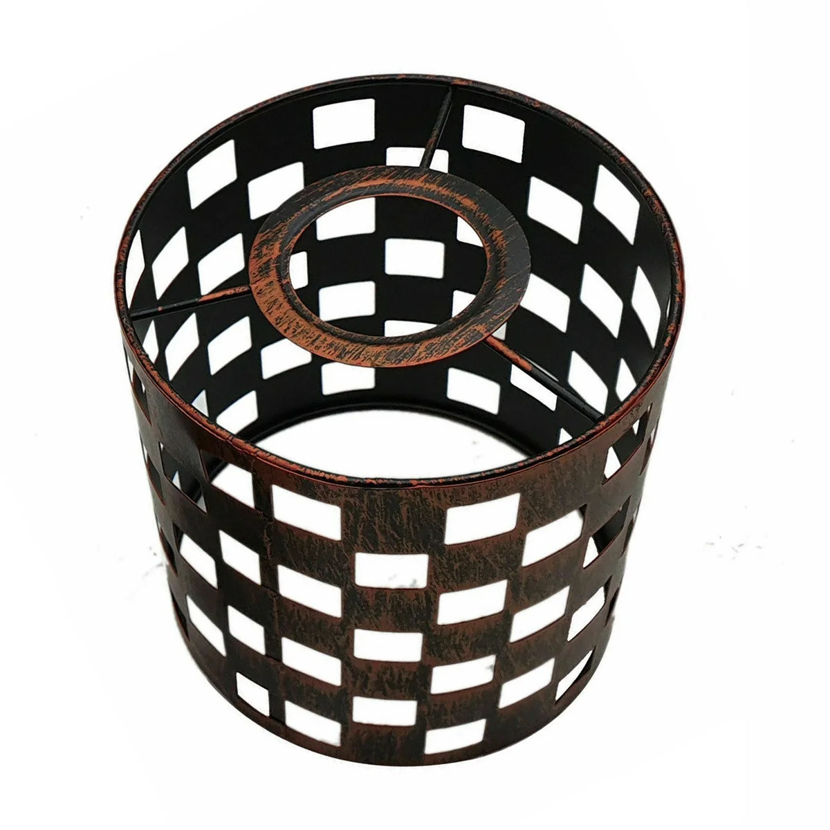 Brushed copper industrial drum metal wire cage easy fit ceiling shade shown mounted indoors on white ceiling