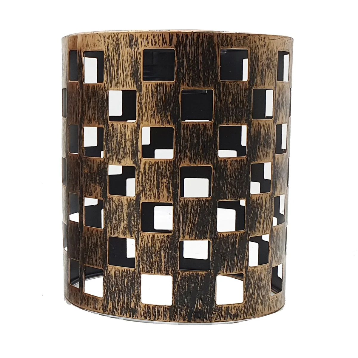 Brushed copper industrial drum lampshade with metal wire cage, shown from side angle against white background