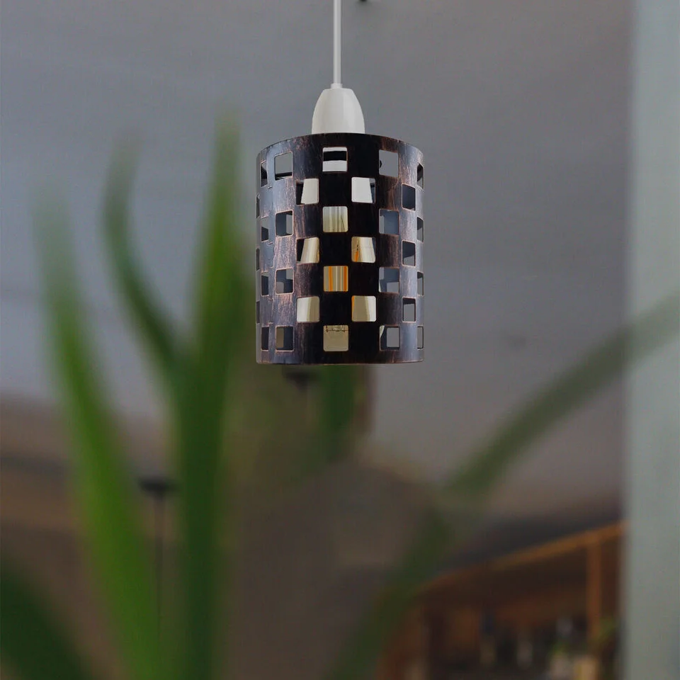 Brushed copper industrial ceiling lampshade with modern drum metal wire cage design, shown installed on ceiling socket