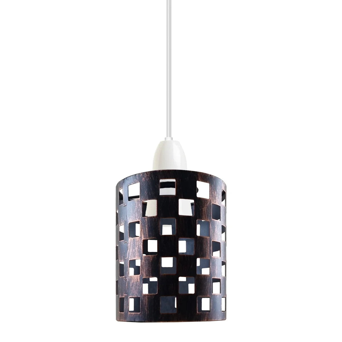 Brushed copper industrial ceiling lampshade with drum metal wire cage design, shown mounted indoors against white ceiling