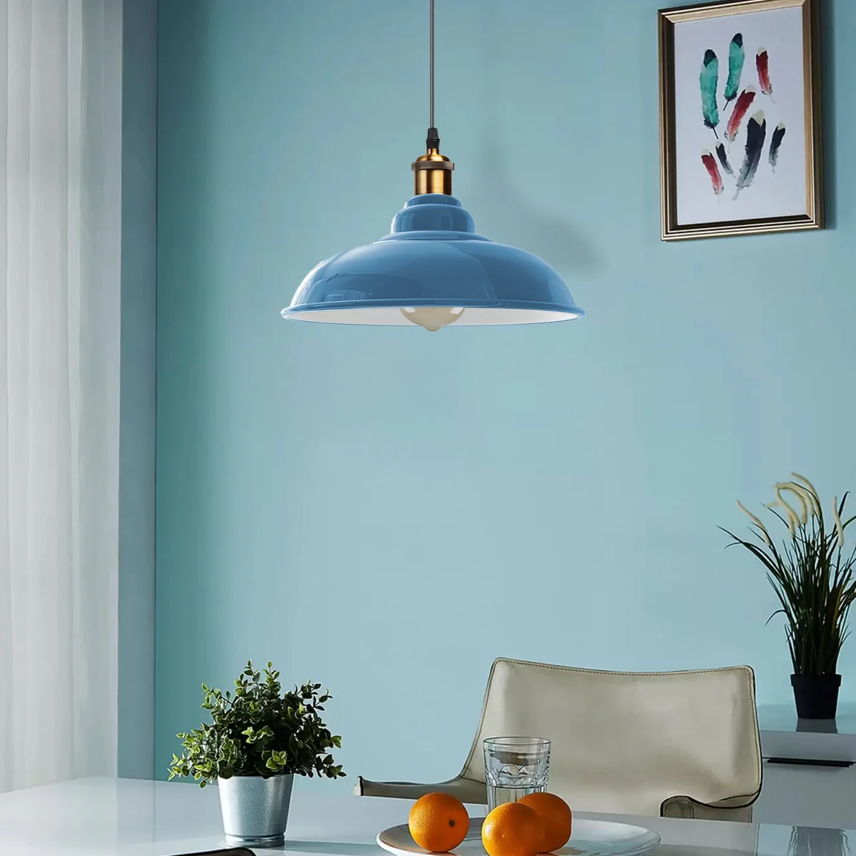 Curvy light blue metal modern pendant shade with glossy finish, suitable for ceiling pendant light fixtures