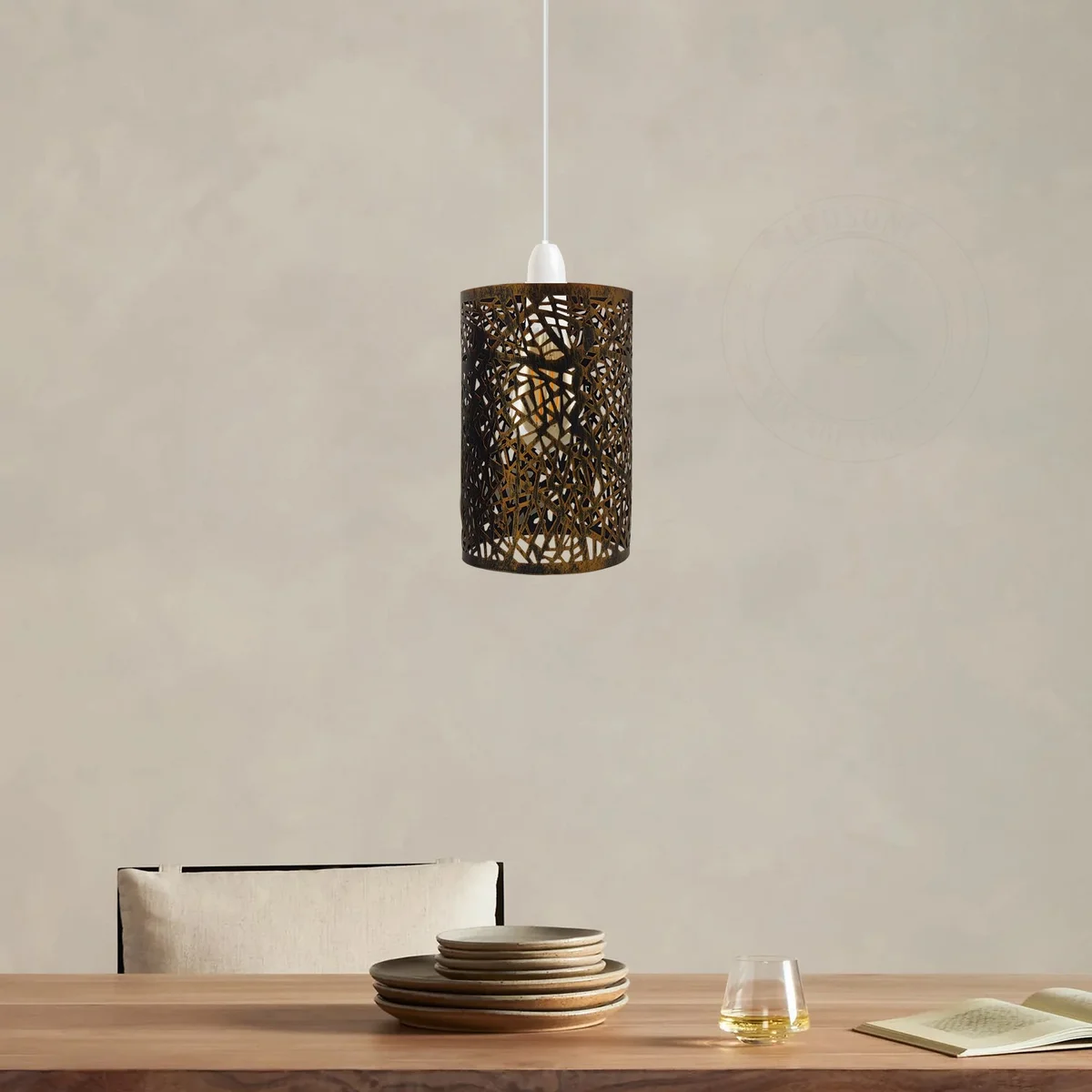 Brushed copper metal ceiling light shade with industrial vintage drum design and modern retro style finish