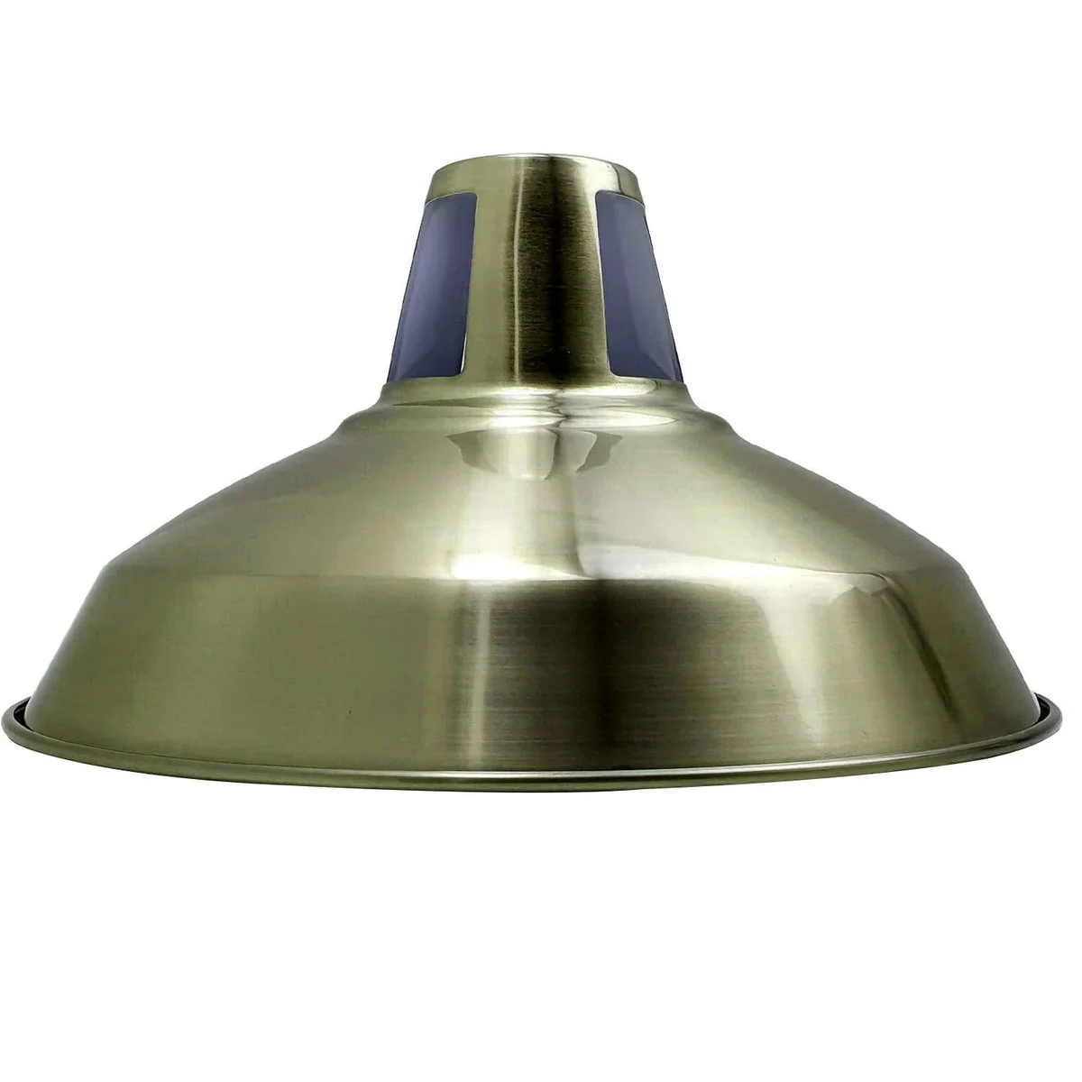 Green brass pendant lamp shade with slotted barn-style metal design and dome shape for E27 bulb fitting