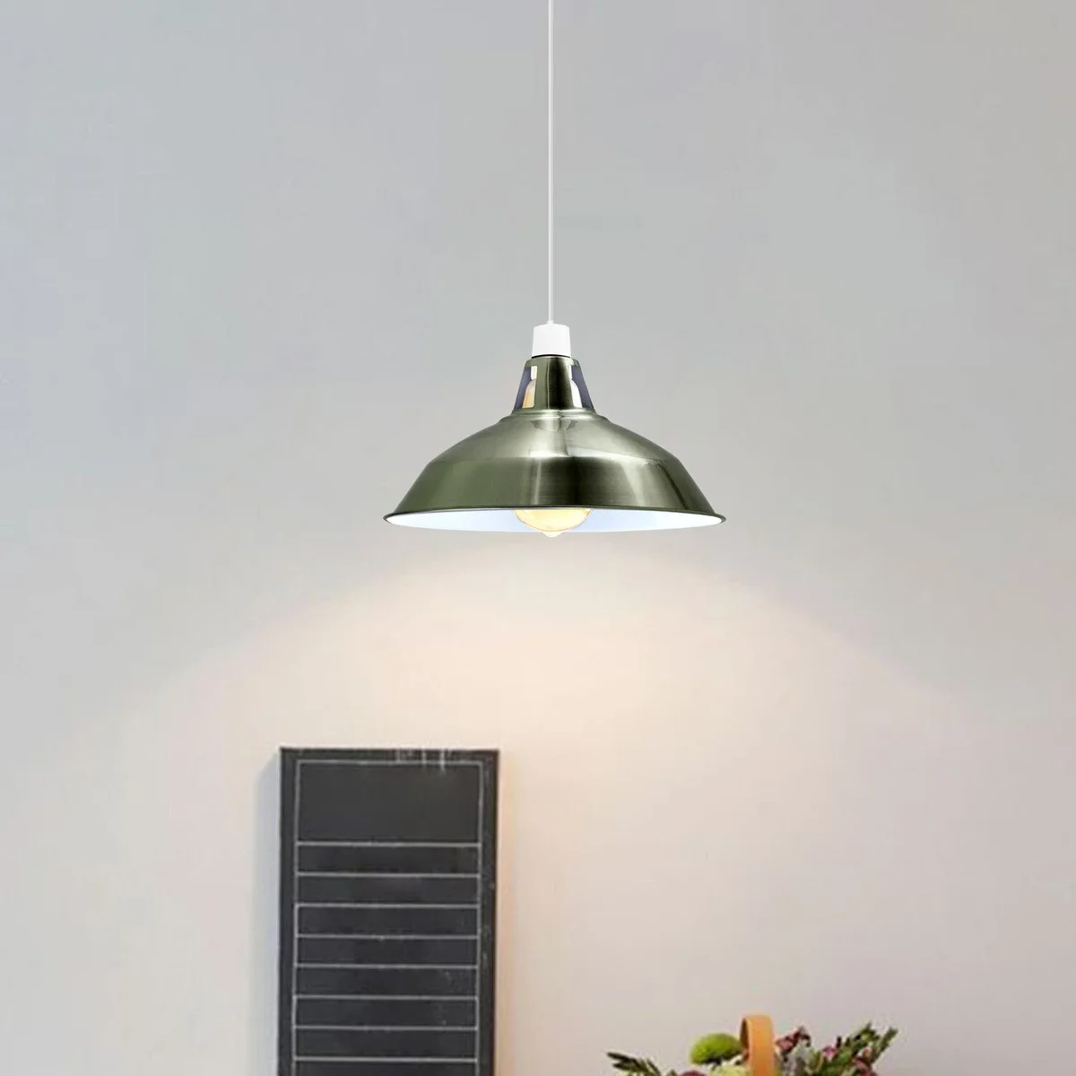 Green brass slotted barn lampshade with retro industrial design, dome shape, 30cm diameter, E27 fit pendant ceiling lamp shade