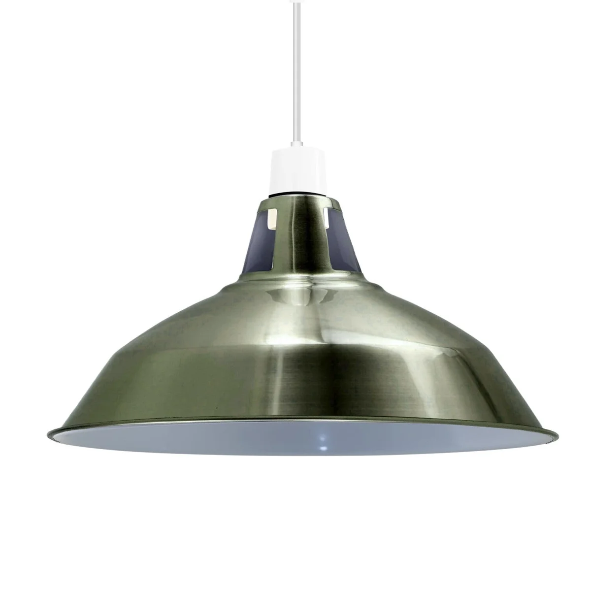 Green brass barn-style retro ceiling light shade with slotted metal design, 30cm diameter, E27 fitting, industrial look