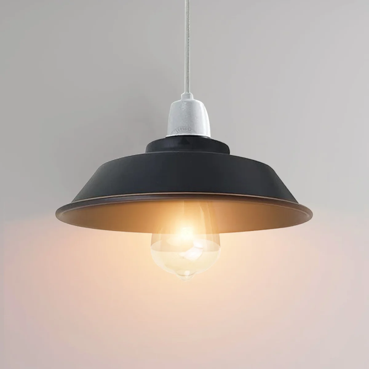 Black industrial vintage lamp shade with golden edge in cone shape, made of iron for wall mounting