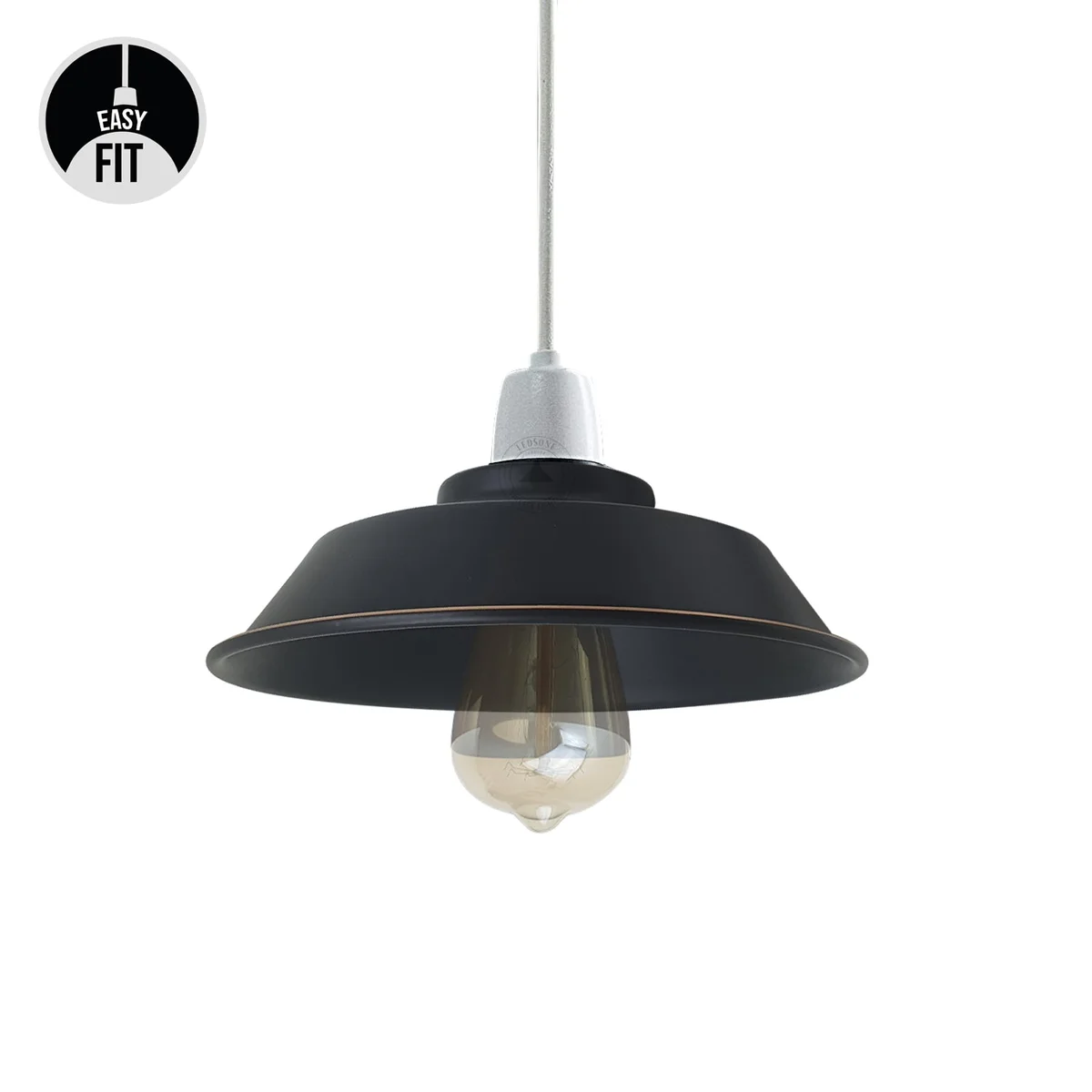 Black and gold lamp shade in industrial vintage cone shape with golden edge, designed for wall mounting