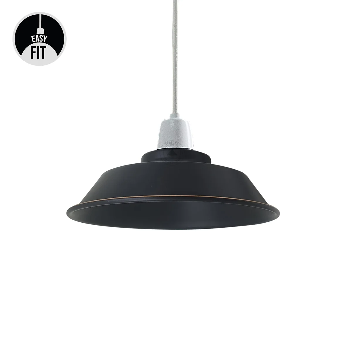 Black cone-shaped metal lamp shade with golden edge, ideal for rustic home decor lighting in living spaces
