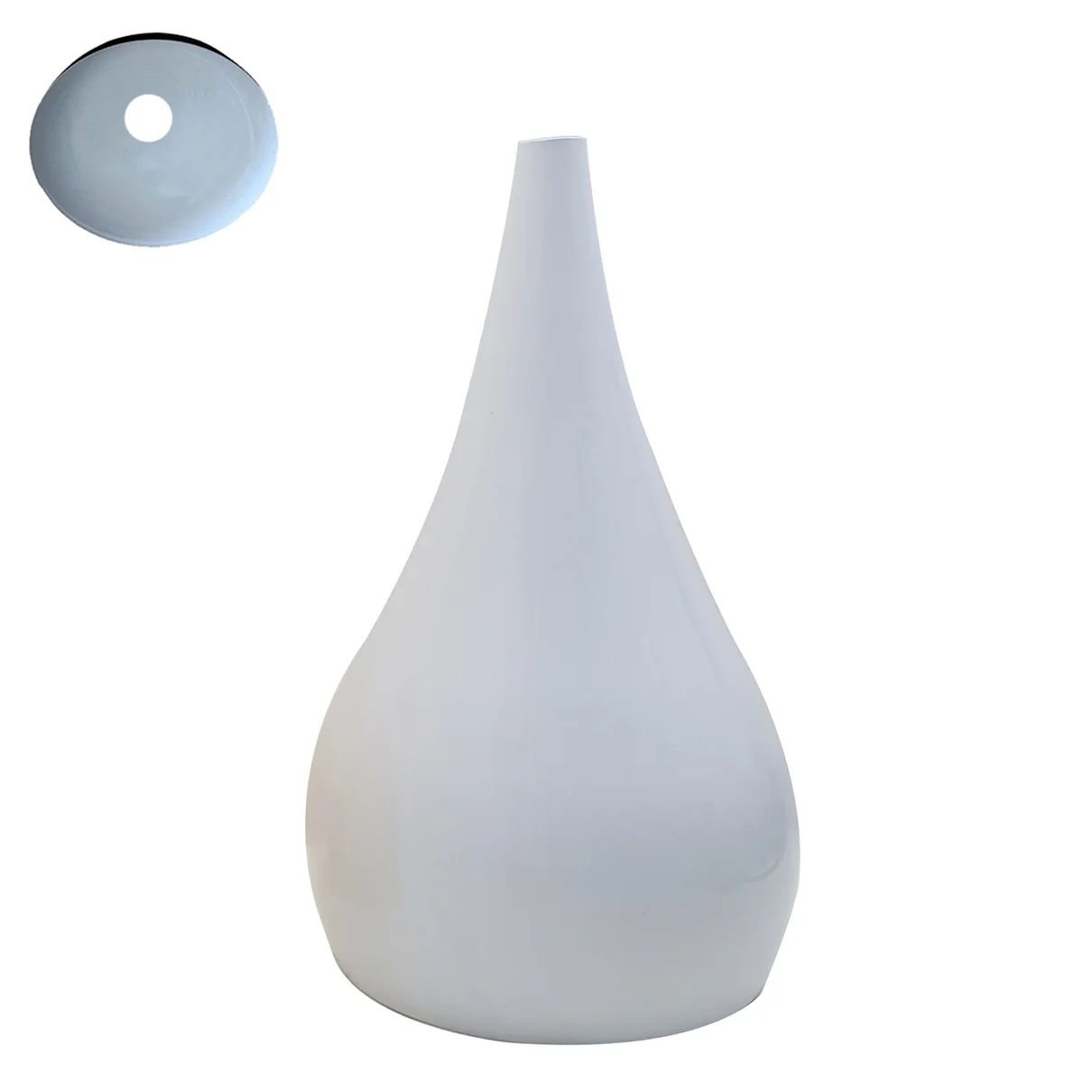 White industrial pendant shade made of plated iron, hanging from a single bright LED beam