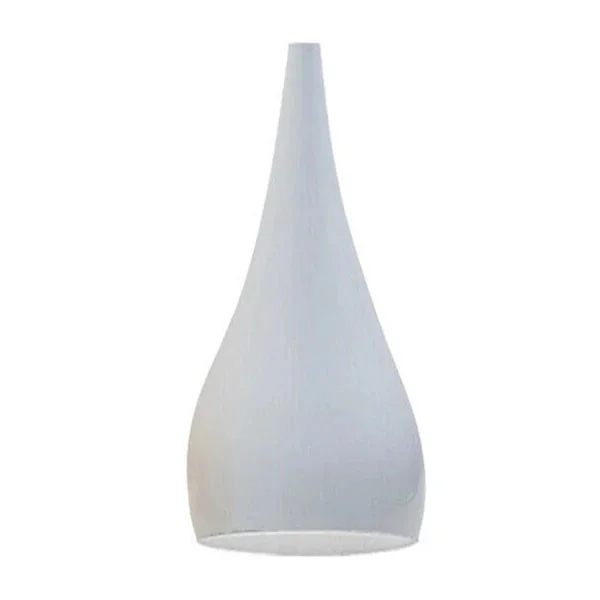 White iron lamp shade with tear drop design, pendant style, mounted on a metal base.