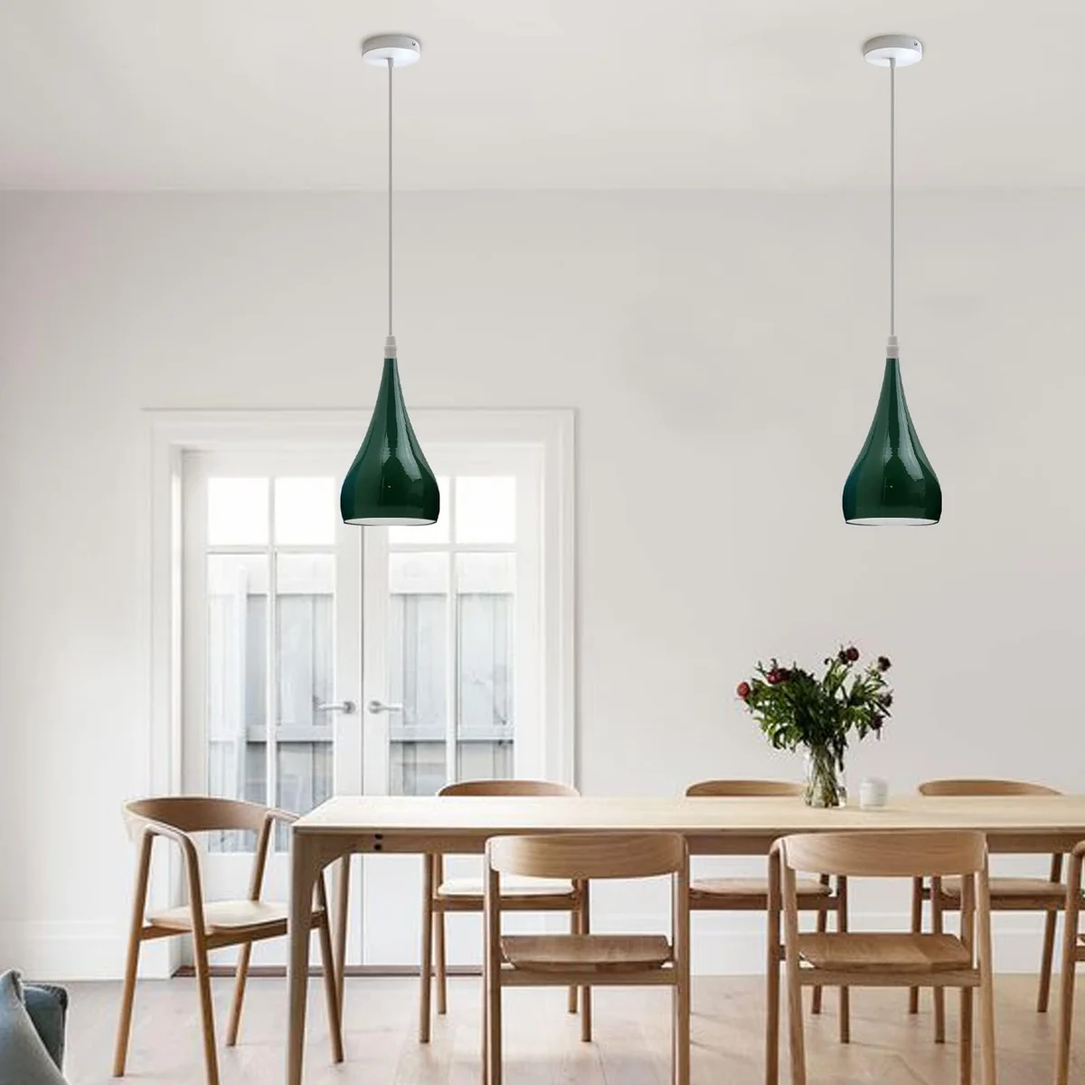 Green modern metal E27 pendant light shade with architectural design and plated finish on white background