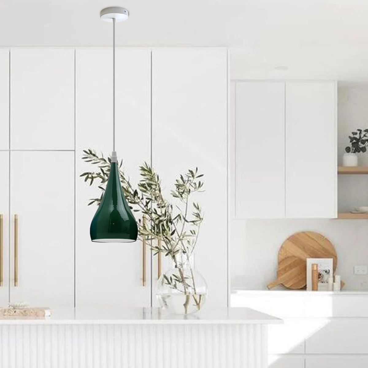 Green metal pendant light shade with modern design, ideal for contemporary ceiling lighting in living spaces