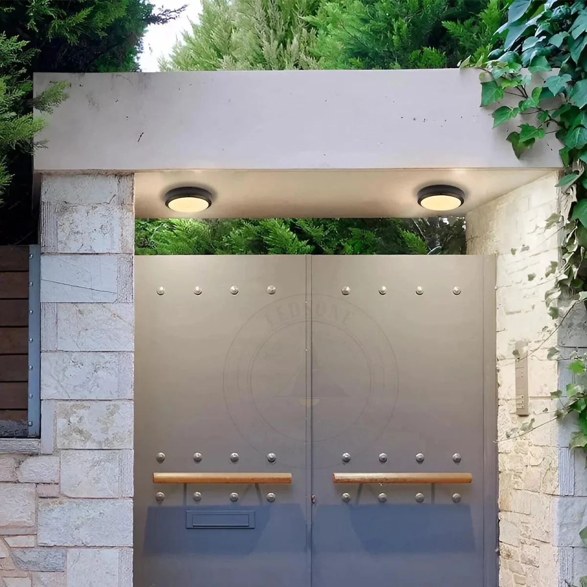 Two round IP54 waterproof wall lights with warm white LED, aluminium finish, ideal for outdoor use