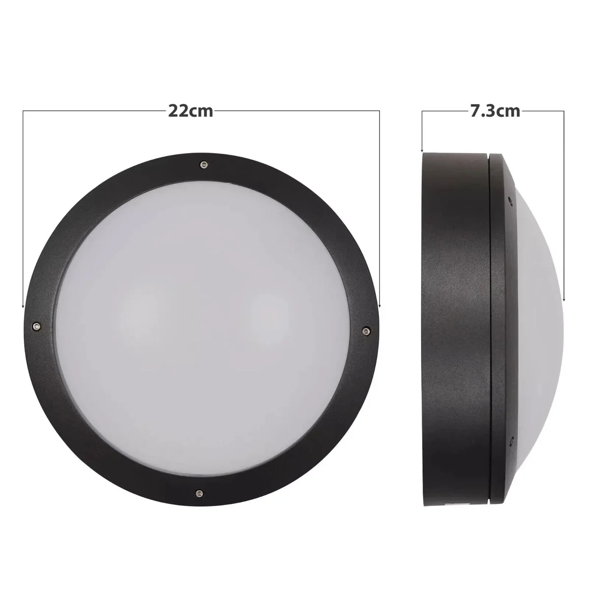 Two modern outdoor wall lamps with round aluminium design and warm white LED light mounted on a grey wall