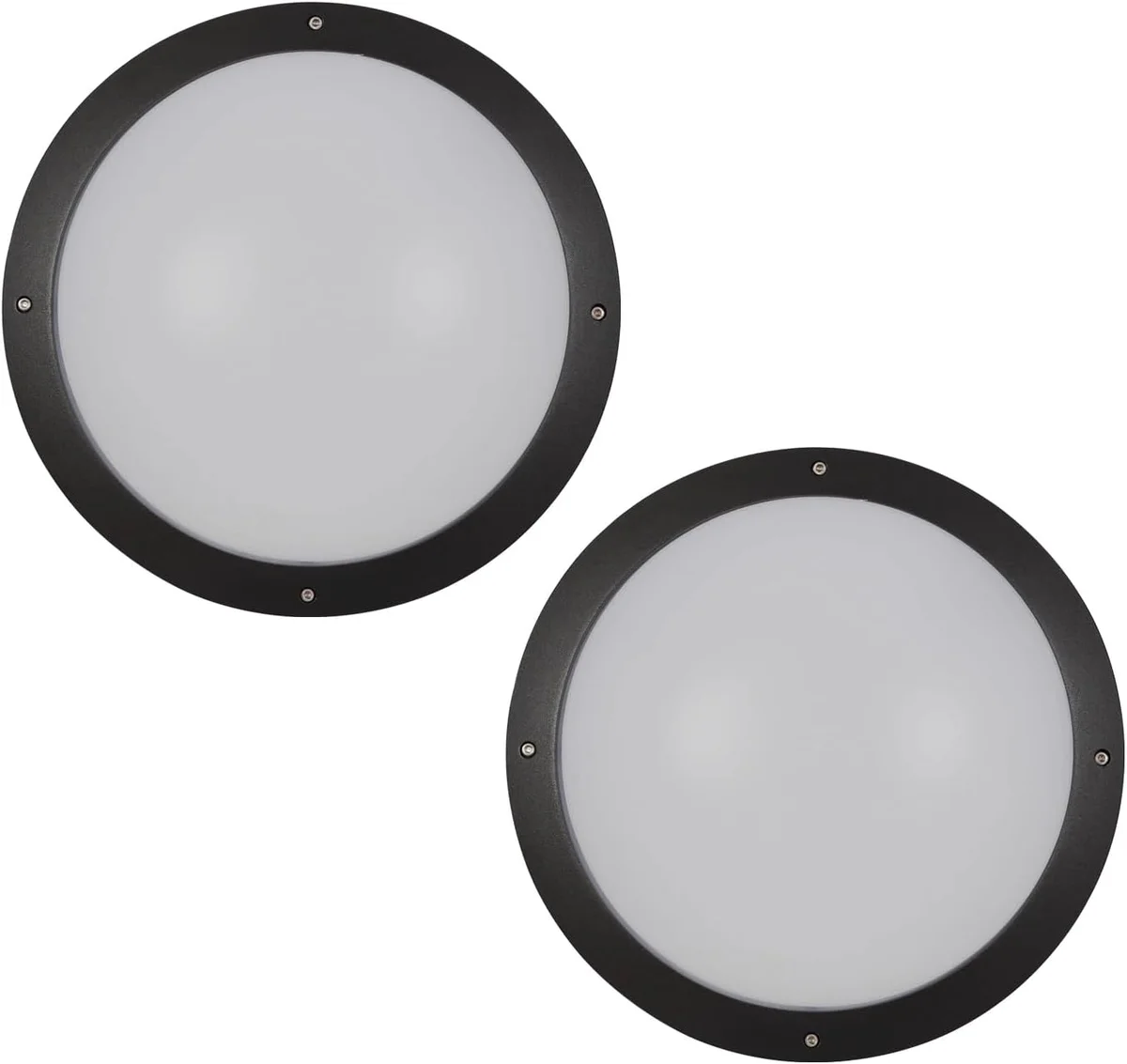 Two round aluminium bulkhead lights mounted on a white wall, emitting warm white 3000K light, outdoor rated IP54