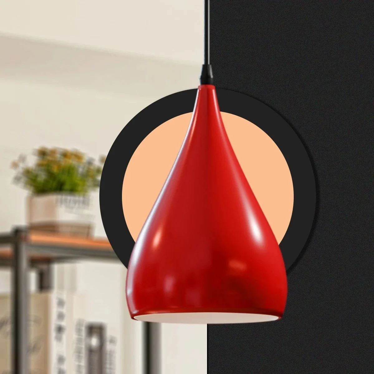 Red metal vintage ceiling shade in teardrop shape, 16 cm diameter and 30 cm height.