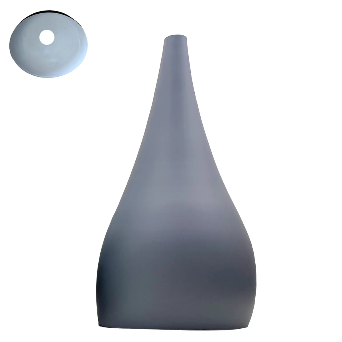 Grey pendant shade on metal frame, tear-drop shape with plated finish, hanging from a ceiling.