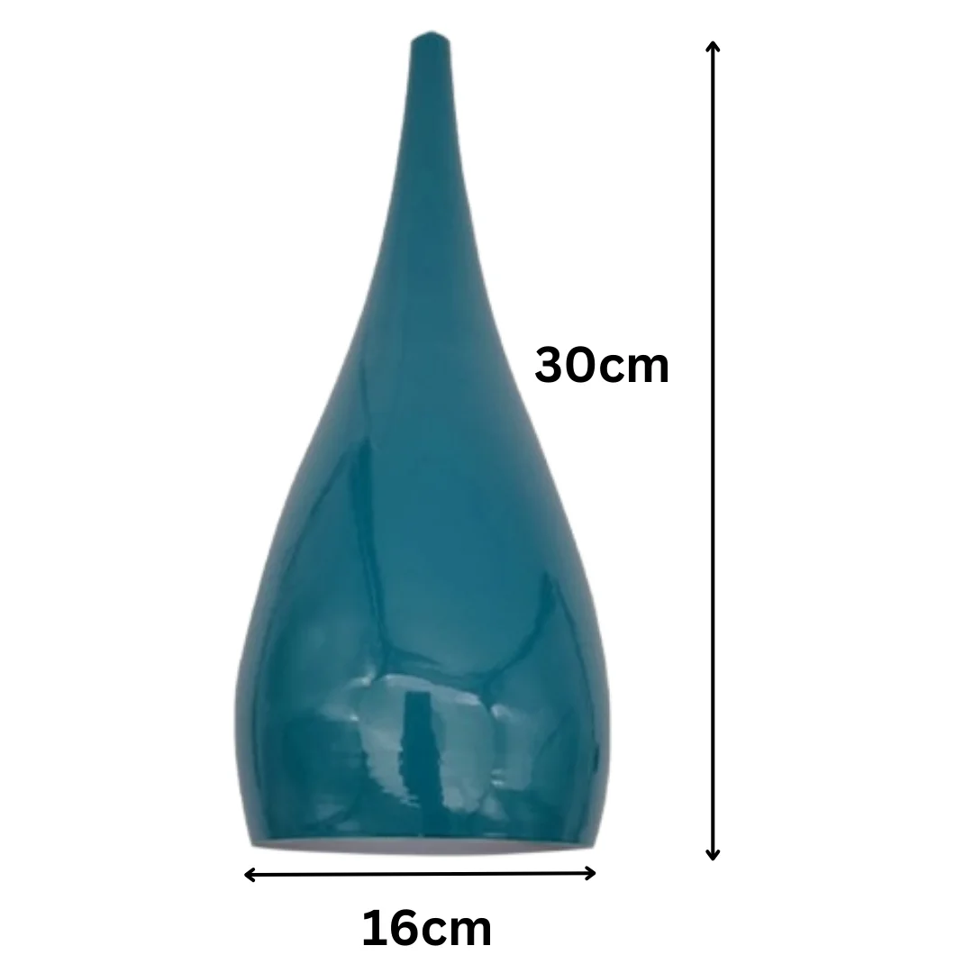 Industrial vintage tear drop cyan blue modern lamp shade made of sturdy metal with a plated finish hanging from ceiling