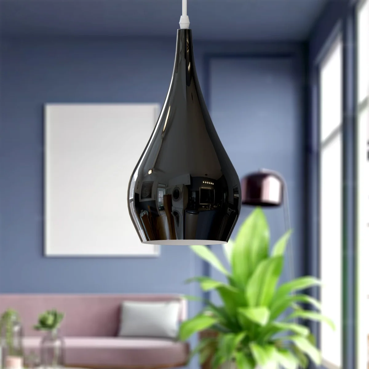 Red tear drop shaped industrial ceiling light shade made of sturdy metal, modern design, 30cm by 16cm size