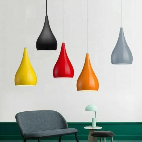 Red tear drop modern metal lamp shade with smooth finish, designed for indoor ceiling light fixtures, 30cm by 16cm