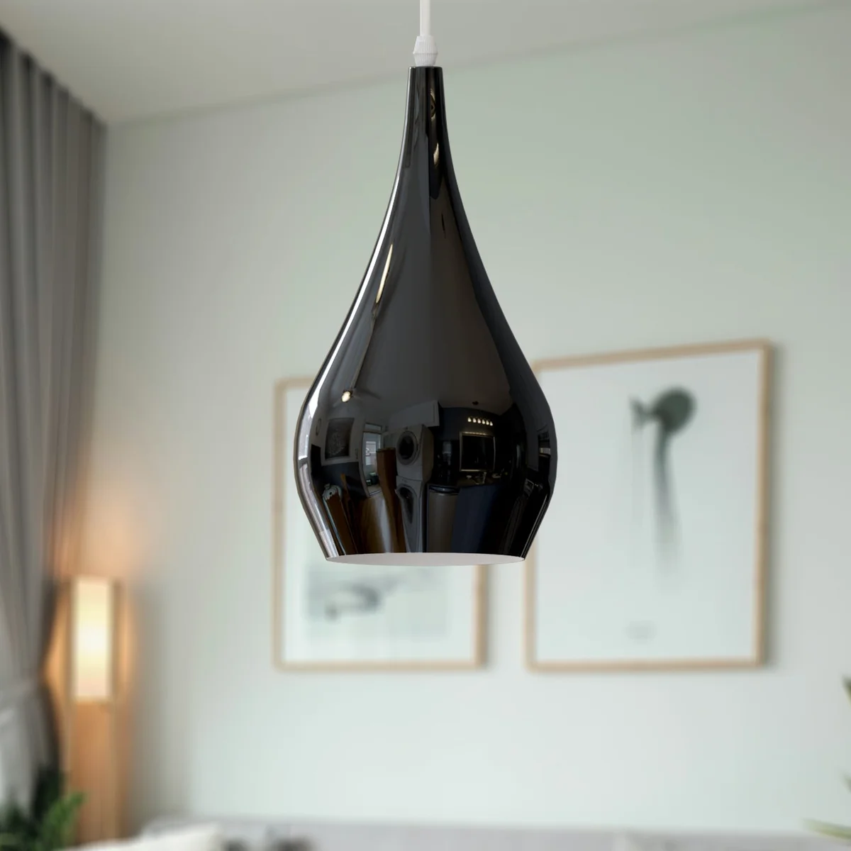Blue tear drop shaped industrial ceiling light shade made of metal, 30cm by 16cm, modern style, E27 base.