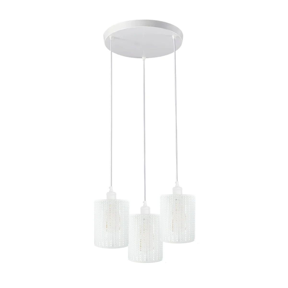 Three white metal barrel cage industrial ceiling pendant lights with adjustable cords and round ceiling base against white background