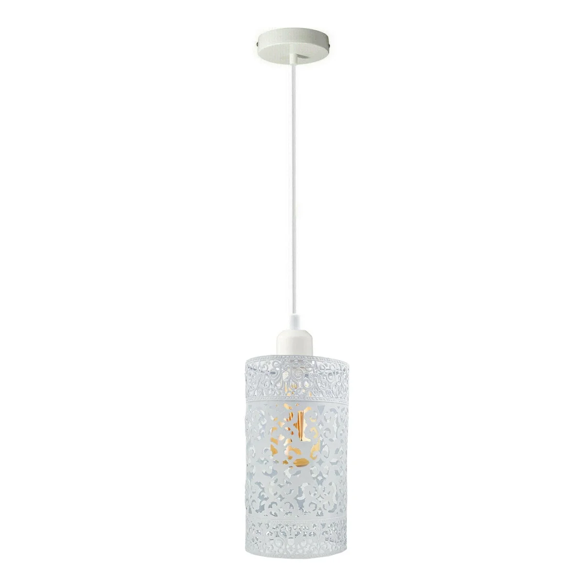 White cage pendant light with vintage metal cage design and adjustable hanging cord, suitable for indoor ceiling installation
