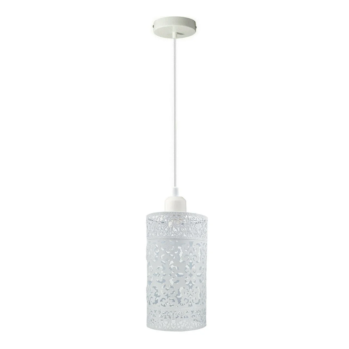 White vintage pendant lamp with metal cage shade, 24cm height, adjustable hanging cord, suitable for indoor ceiling installation