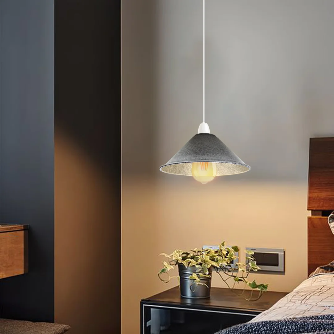 Brushed silver pendant lamp with cone-shaped metal shade, modern vintage industrial design, 22cm diameter, E27 fitting