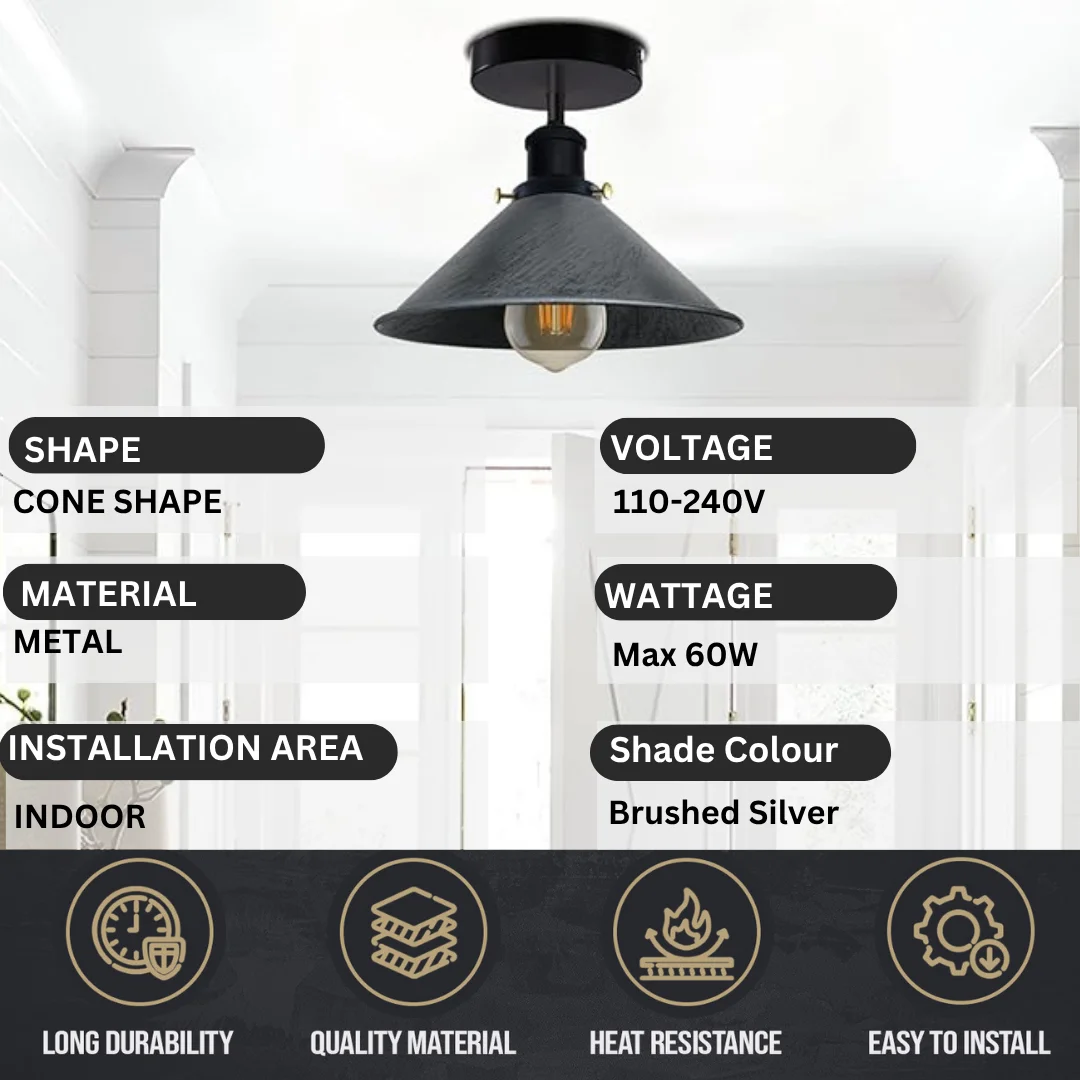 Brushed silver cone metal lampshade with retro industrial design for E27 bulb, 22cm diameter, 10cm height.