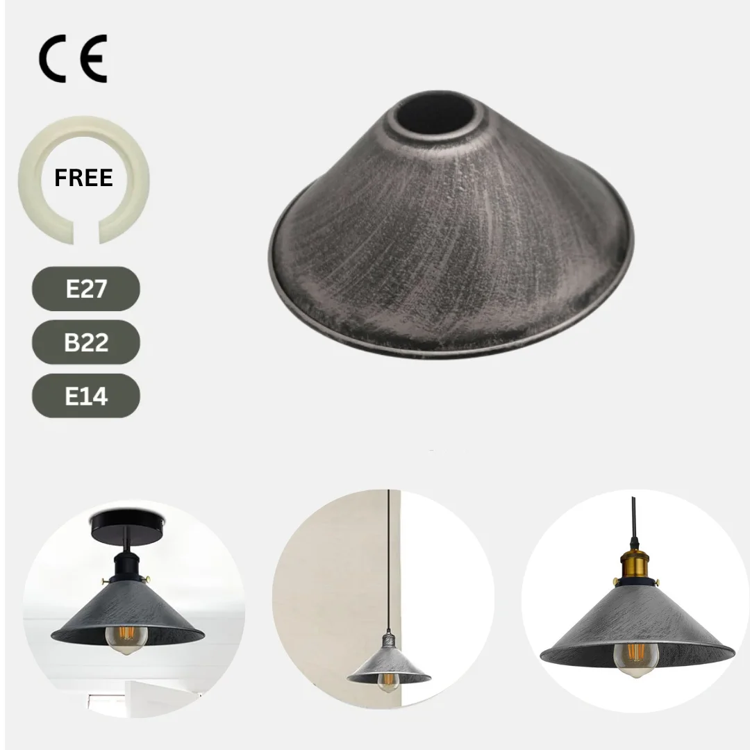 Brushed silver cone metal lampshade with easy fit E27 base, retro industrial style, 22cm diameter, 10cm height