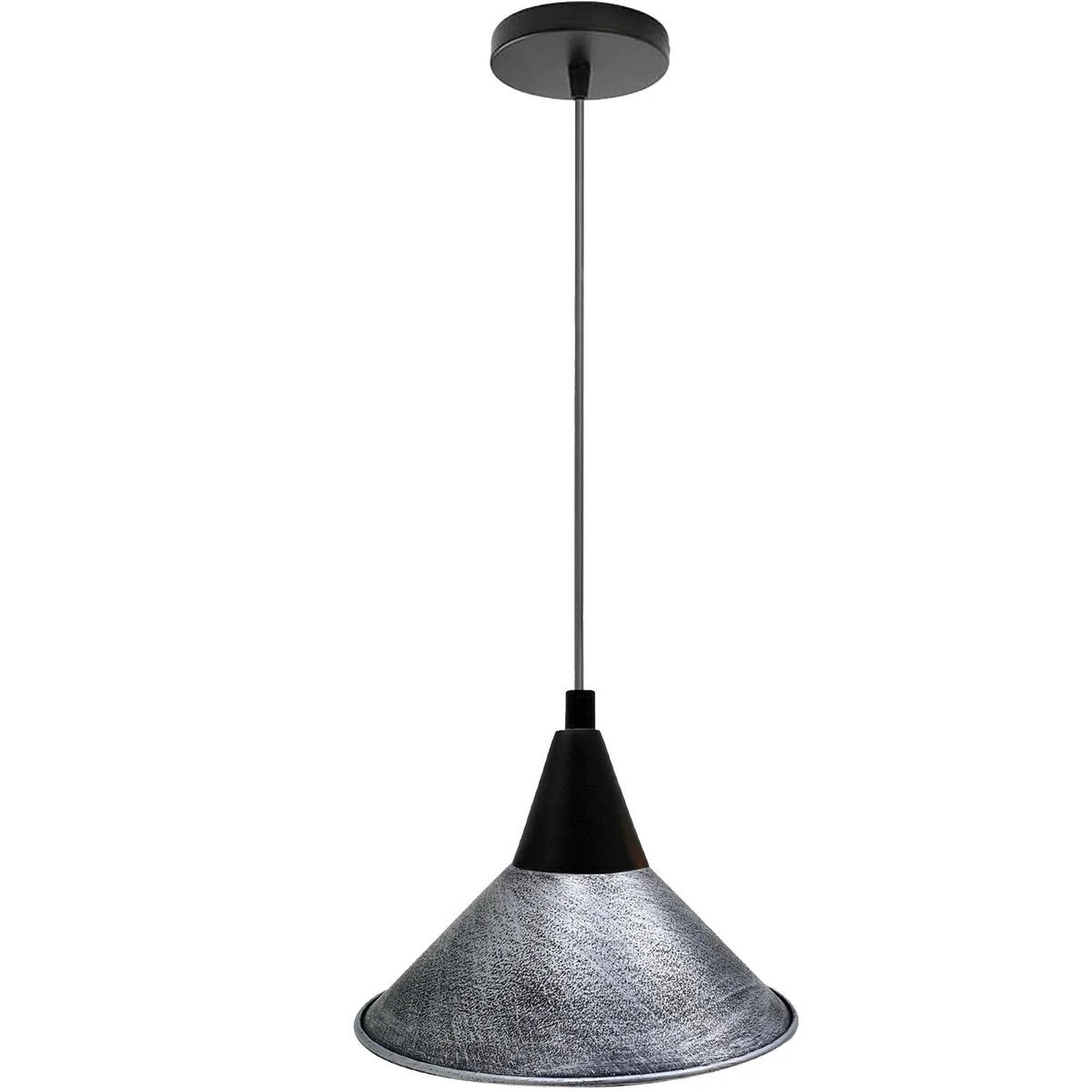 Brushed silver cone modern vintage lamp shade with E27 base, metal construction, ideal for indoor pendant lighting