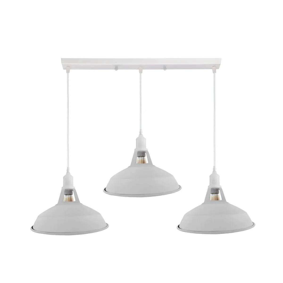 Industrial vintage ceiling chandelier with three adjustable metal pendant lights and retro-style shades hanging from cords