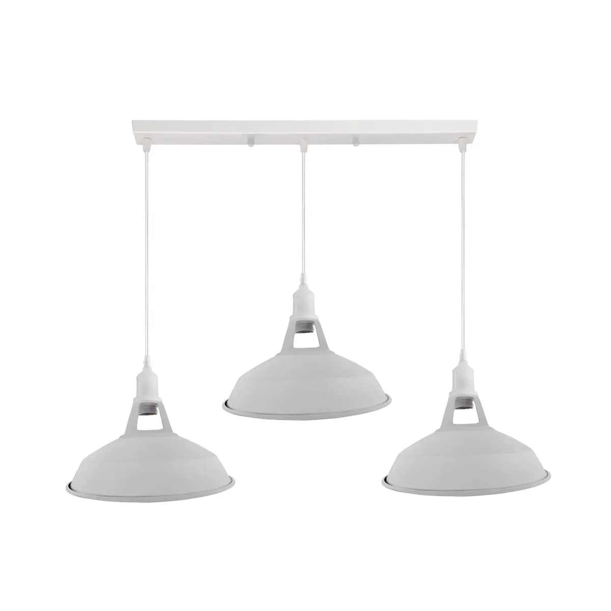 Industrial vintage 3 light pendant fitting with metal shades and adjustable cables hanging from ceiling rose