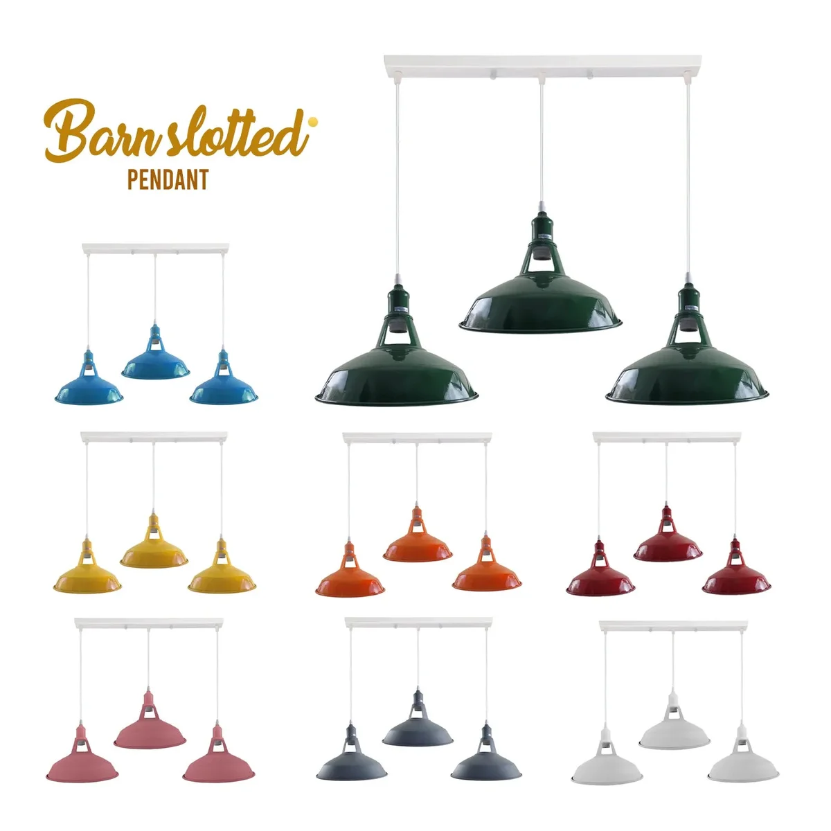 Three vintage industrial metal light shades hanging from adjustable cords on a ceiling chandelier fixture