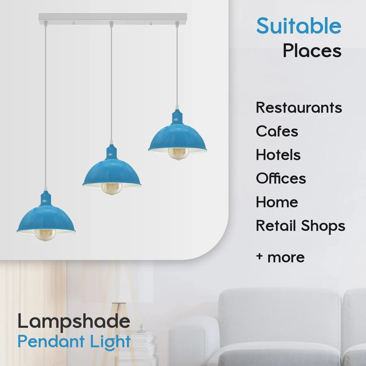 Blue industrial pendant light with three adjustable metal shades and hanging cords, vintage style ceiling fixture