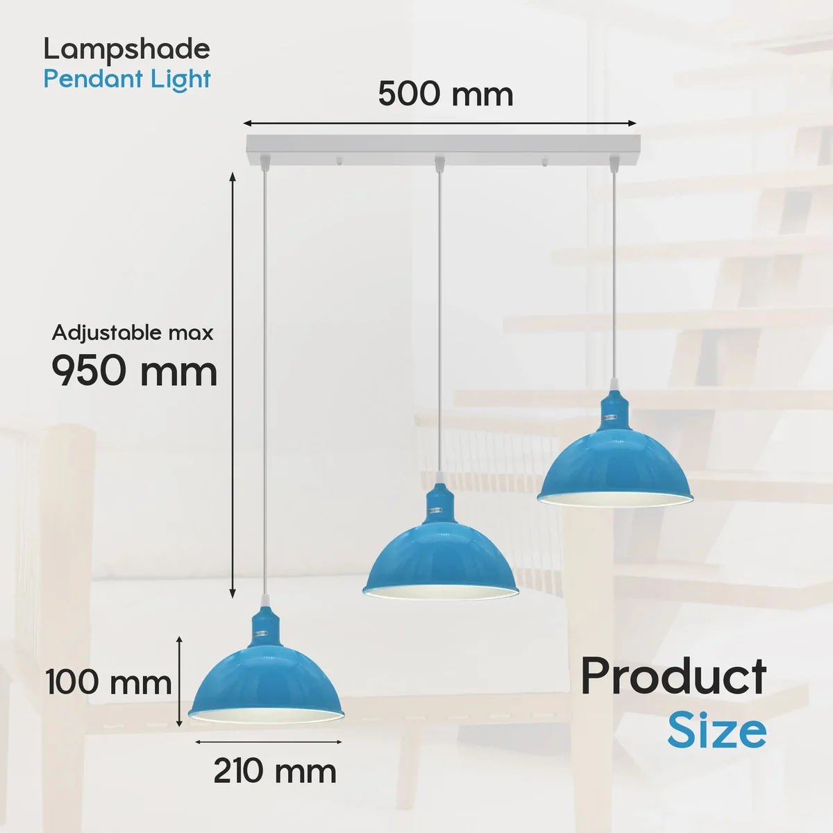 Blue kitchen chandelier with three adjustable metal pendant lights and vintage-style filament bulbs hanging from ceiling