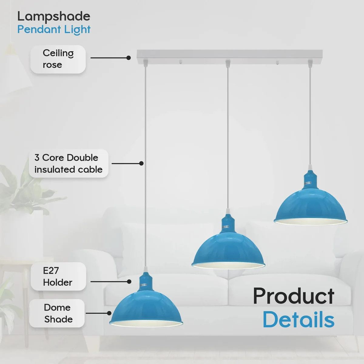 Blue industrial vintage 3-light dimmable pendant light with adjustable cords and metal shades hanging from ceiling