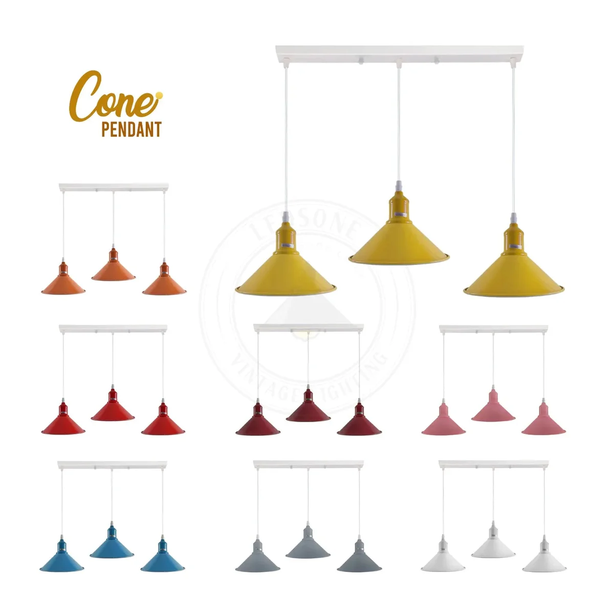 Three-way industrial ceiling light with vintage metal shades and adjustable hanging cords on a white background