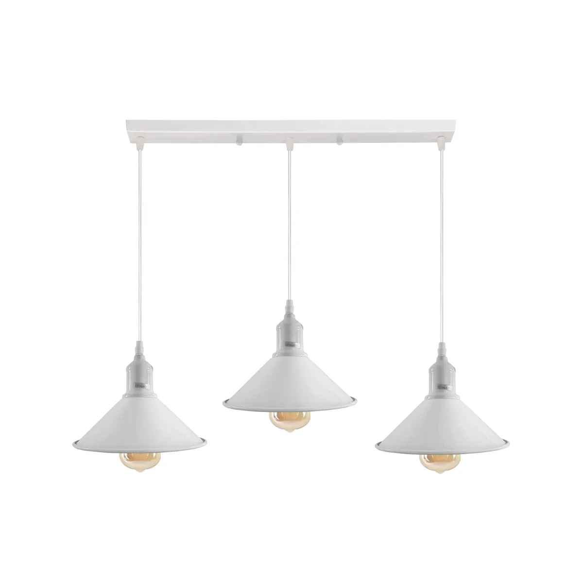 3 way pendant light with three adjustable vintage metal and PVC shades hanging from ceiling rose, suitable for dimmable E27 bulbs